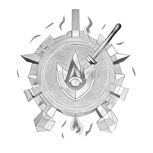 an anvil with a hammer leaning against it with a ring of fire in the background tattoo design idea