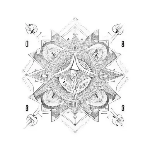 arm sleeve tattoo with palm, cardinal directions, law scales, cosmoss tattoo design idea