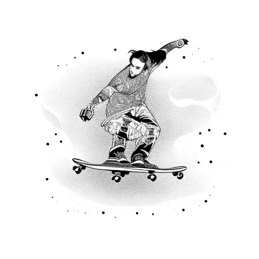 A skateboarder balancing on top of a guitar neck tattoo design idea