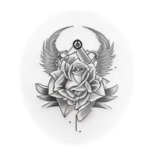 Design a captivating tattoo featuring a garter band elegantly encircling the thigh and holding a dagger piercing a hear tattoo design idea