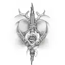 Design a captivating tattoo featuring a garter band elegantly encircling the thigh and holding a dagger piercing a heart tattoo design idea