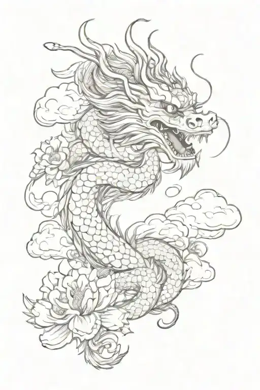 A Chinese dragon with clouds and flowers tattoo design idea