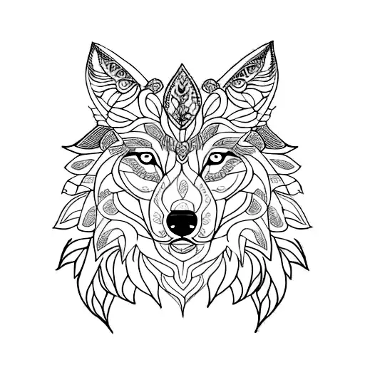half wolf with mandala and flowers tattoo design idea