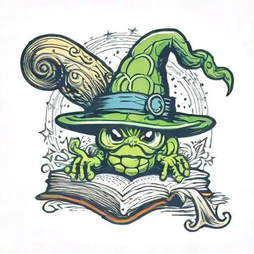 brussel sprout wizard hat and holding open book rainbow spell tattoo design idea