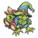 brussel sprout wizard hat and holding open book rainbow spell tattoo design idea