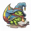 brussel sprout wizard hat and holding open book rainbow spell tattoo design idea