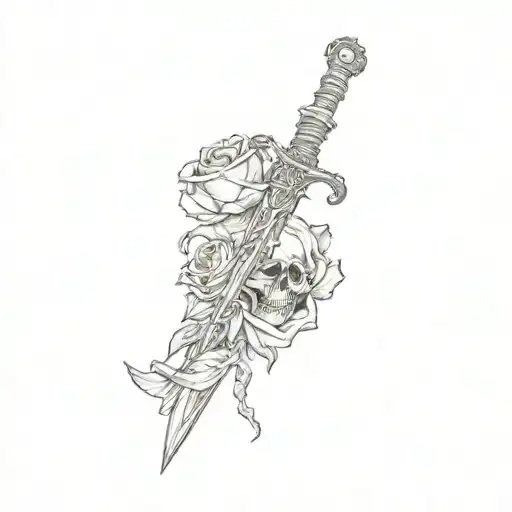 a sword and rose and skull  tattoo design idea
