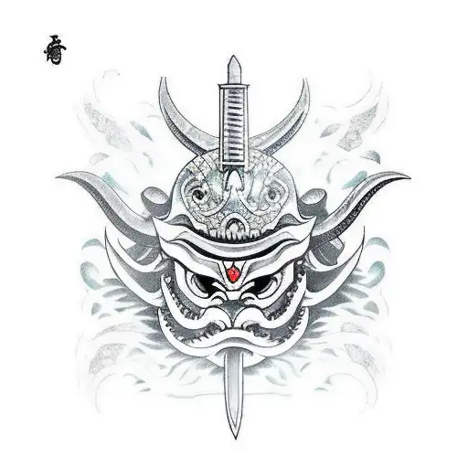 Oni Mask sword with coi fish surrounding it  tattoo design idea