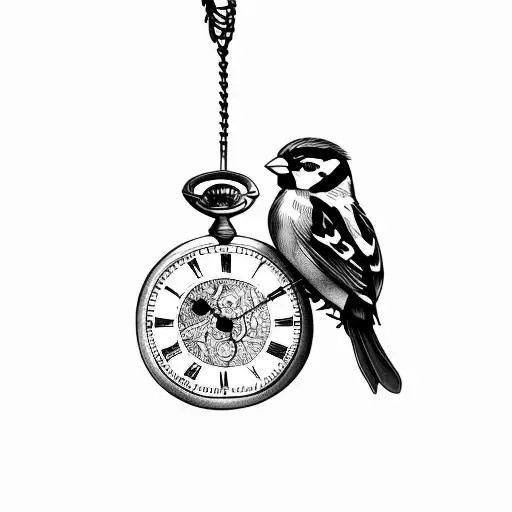 sparrow holding a pocket watch tattoo design idea