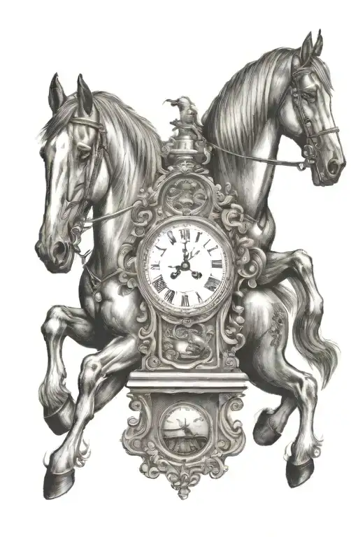 a grandfather clock with horses as the chimes  tattoo design idea