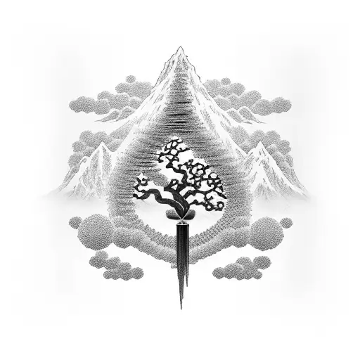 Chertyblossom Tree shaped like DNA. Waterfalls and japenese details. Family names in Japenese artwork tattoo design idea