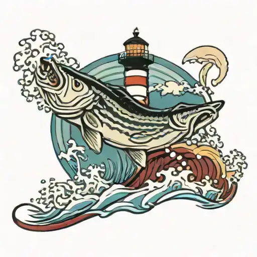 cape cod, beach, waves, lighthouse, striper bass jumping tattoo design idea