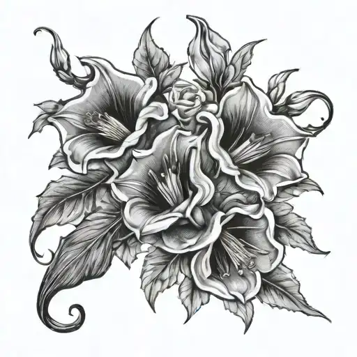 roses and angel trumpet flowers blooming tattoo design idea