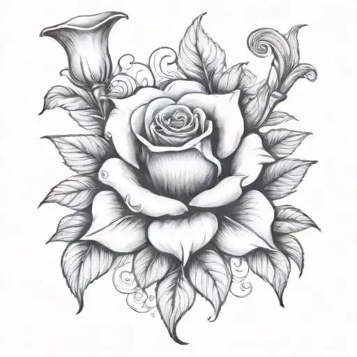 roses with angel trumpet flowers blooming tattoo design idea