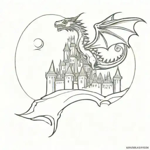 A fantasy-inspired tattoo of a dragon flying over a castle, symbolizing a love for fantasy and architecture tattoo design idea