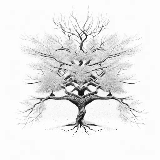 A graceful tree with roots that spell out 'trust in God' and branches that form the phrase 'let it go' as they reach towards the sky tattoo design idea