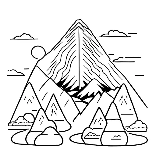 A peaceful mountain landscape with the words 'trust in God' carved into the peaks and 'let it go' flowing in the river below tattoo design idea