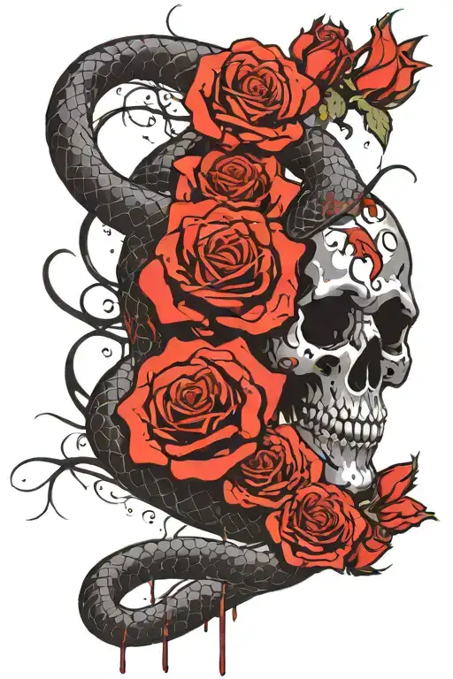 Black mamba snake with skull and roses tattoo design idea