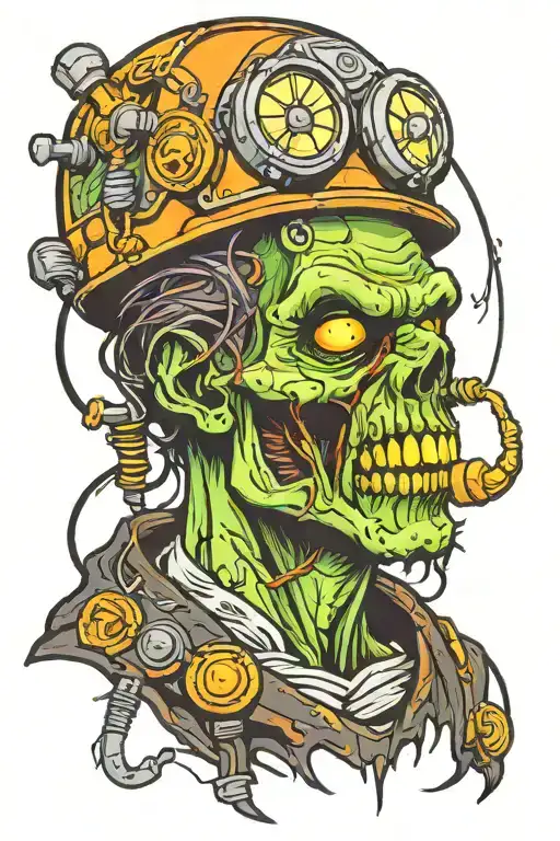 Electrician zombie with helmet and light bulb with neon details tattoo design idea