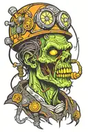 Electrician zombie with helmet and light bulb with neon details tattoo design idea