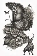 questioning, solitude, suffering, freedom, music, bull, butterfly, mushroom tattoo design idea