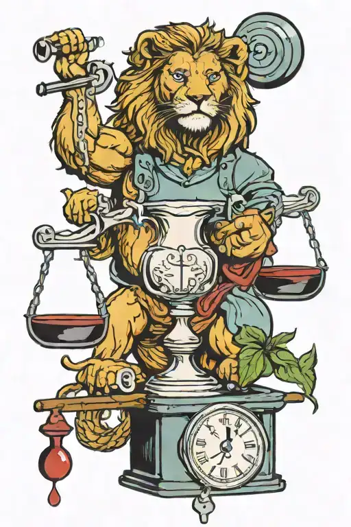 a lion (Courage), a jug of wine being poured out (Temperance), a set of scales (Justice), and an owl (Wisdom). tattoo design idea