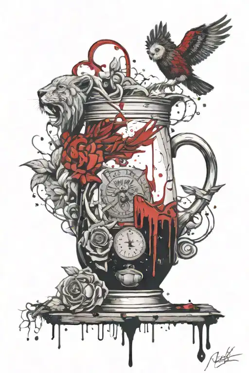 a lion (Courage), a jug of wine being poured out (Temperance), a set of scales (Justice), and an owl (Wisdom). tattoo design idea