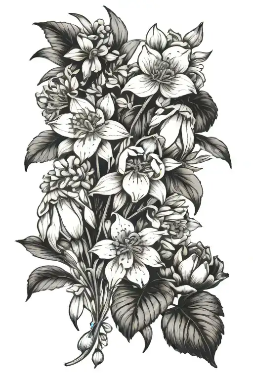 snowdrop, marigold, violet, aster, narcissus and peony flowers tattoo design idea