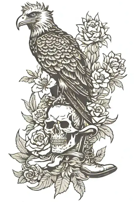 Western Style, Eagle, skull, flowers, cactus and cowboy boots tattoo design idea
