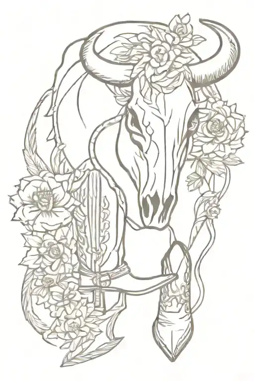 western style, bull skull, flowers, cactus, eagle, cowgirl boots tattoo design idea