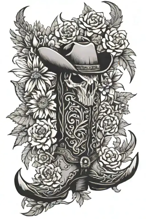 western style, bull skull, flowers, cactus, eagle, cowgirl boots tattoo design idea