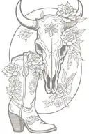 western style, bull skull, flowers, cactus, eagle, cowgirl boots tattoo design idea