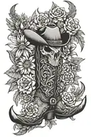 western style, bull skull, flowers, cactus, eagle, cowgirl boots tattoo design idea