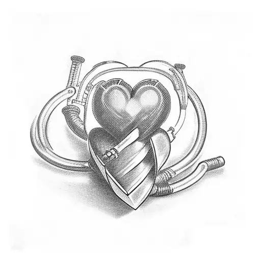 realistic human heart. but coming out of the valves is pipes from a bagpipe. hanging off one of the pipes is a fedora tattoo design idea