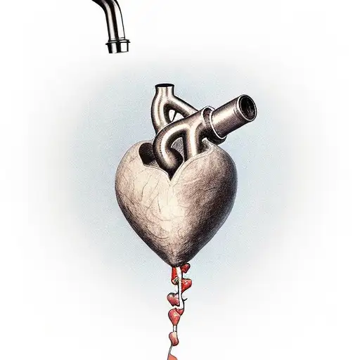 realistic human heart. but coming out of the valves is pipes from a bagpipe. hanging off one of the pipes is a fedora tattoo design idea