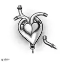 realistic human heart. but coming out of the valves is pipes from a bagpipe. hanging off one of the pipes is a fedora tattoo design idea