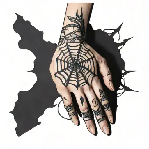 spider web that looks like a hand with nezuko curse marks around the forearm tattoo design idea