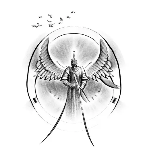 Knight Guadrian angel in front of stairway to heaven with two doves flying above it with the trinity of crosses tattoo design idea