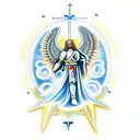 Knight Guadrian angel in front of stairway to heaven with two doves flying above it with the trinity of crosses tattoo design idea