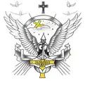 Knight Guadrian angel in front of stairway to heaven with two doves flying above it with the trinity of crosses tattoo design idea