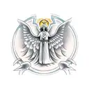 Knight Guadrian angel in front of stairway to heaven with two doves flying above it with the trinity of crosses tattoo design idea