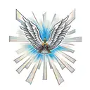 Knight Guadrian angel in front of stairway to heaven with two doves flying above it with the trinity of crosses tattoo design idea