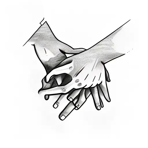 A sketch-style tattoo  of a hand, one adult and two child-sized, holding each other's fingers tattoo design idea