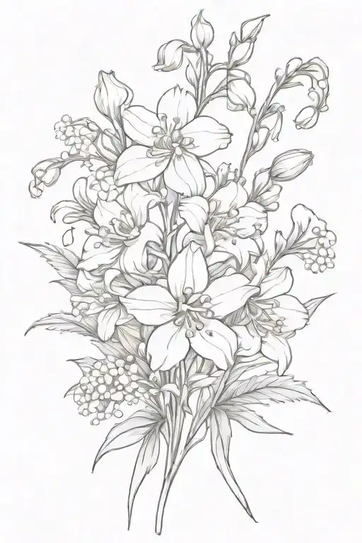 Lilly of the valley flower marigold flower chrysanthemum flower aster flower larkspur flower narcissism flower bouquet  tattoo design idea