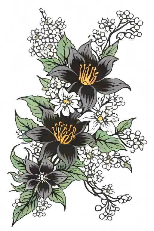 Lilly of the valley flower marigold flower chrysanthemum flower aster flower larkspur flower narcissism flower bouquet  tattoo design idea