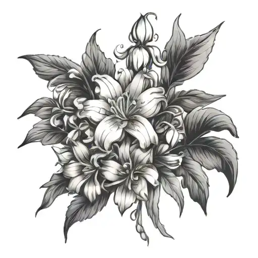 Lilly of the valley flower marigold flower chrysanthemum flower aster flower larkspur flower narcissism flower bouquet  tattoo design idea