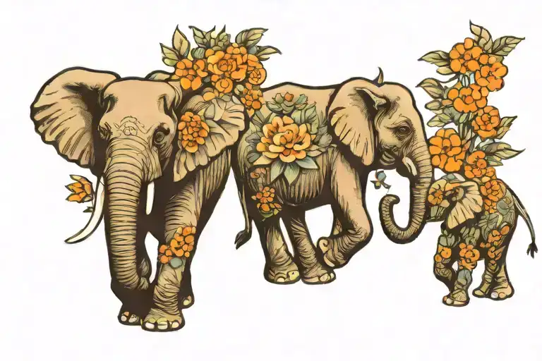 elephant family of 3 walking on road of blooming flowers tattoo design idea