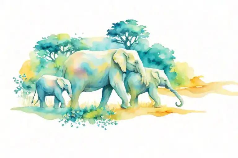 elephant family of 3 walking on flowery road  tattoo design idea