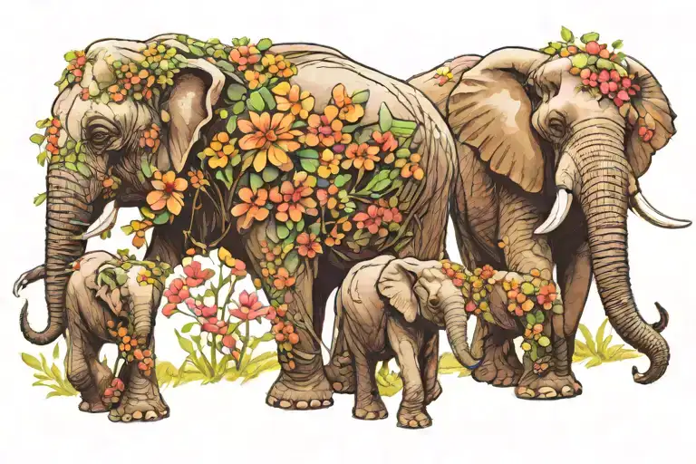 elephant family of 3 walking on road of blooming flowers tattoo design idea
