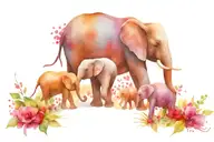 elephant family of 3 walking on road of flowers blooming tattoo design idea